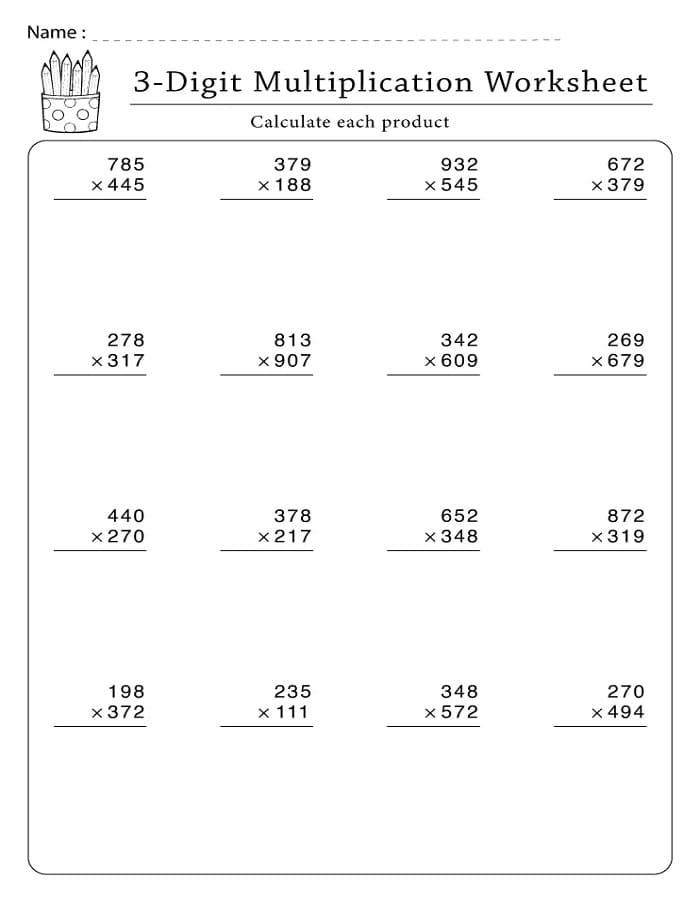 Printable Math Multiplication 3 Digit Worksheets