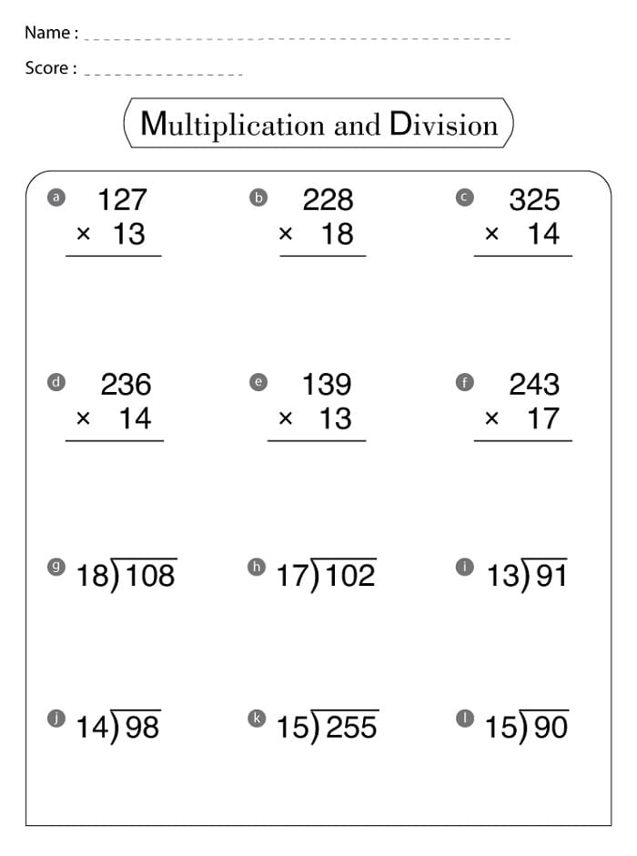 Printable Math Multiplication Division Worksheets