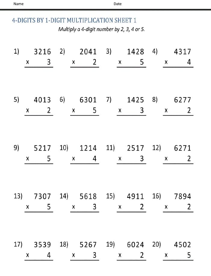 Printable Multiplication Math Worksheets 4th Grade