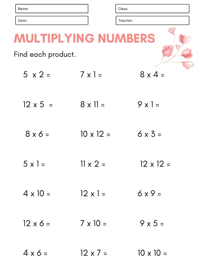 Printable Multiplication Math Worksheets For Kids