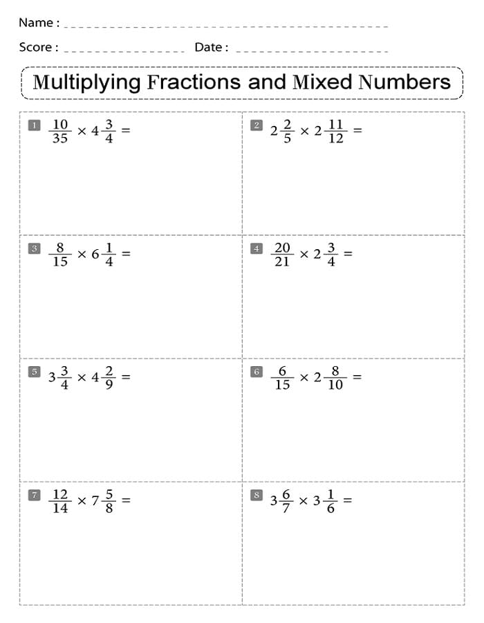 Printable Multiplying Mixed Fractions Worksheet