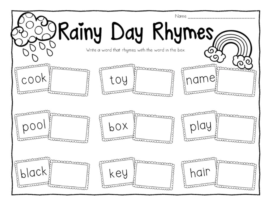 Printable Rainy Day Rhyming Words Worksheet