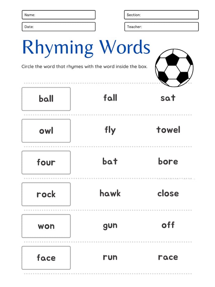 Printable Rhyming Words Worksheet Class 1