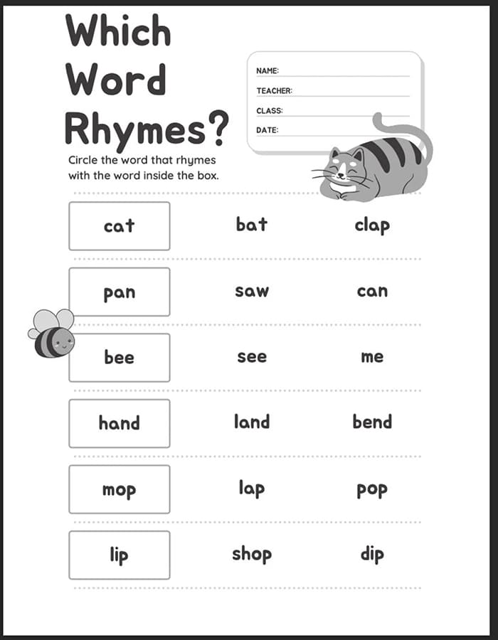 Printable Rhyming Words Worksheet Free