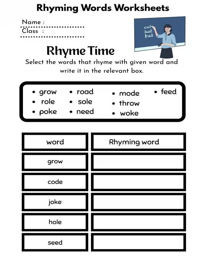 Printable Rhyming Words Worksheet Time