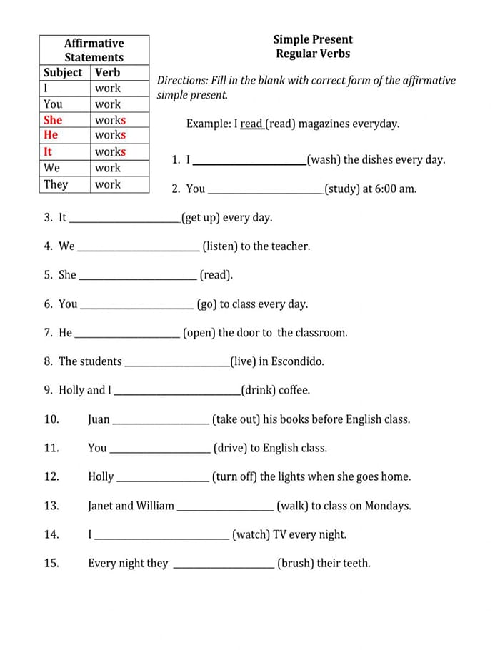 Printable Simple Present Tense Affirmative Worksheet