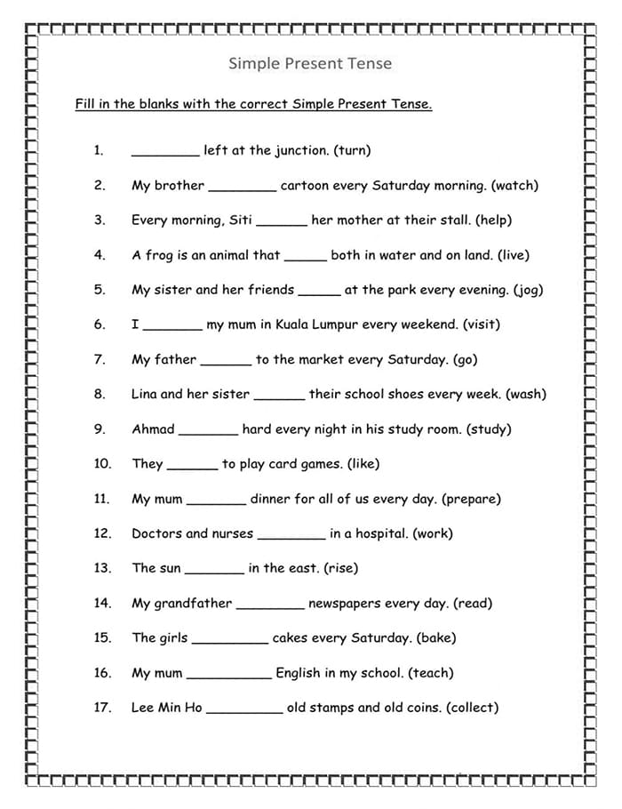 Printable Simple Present Tense Exercises Worksheets