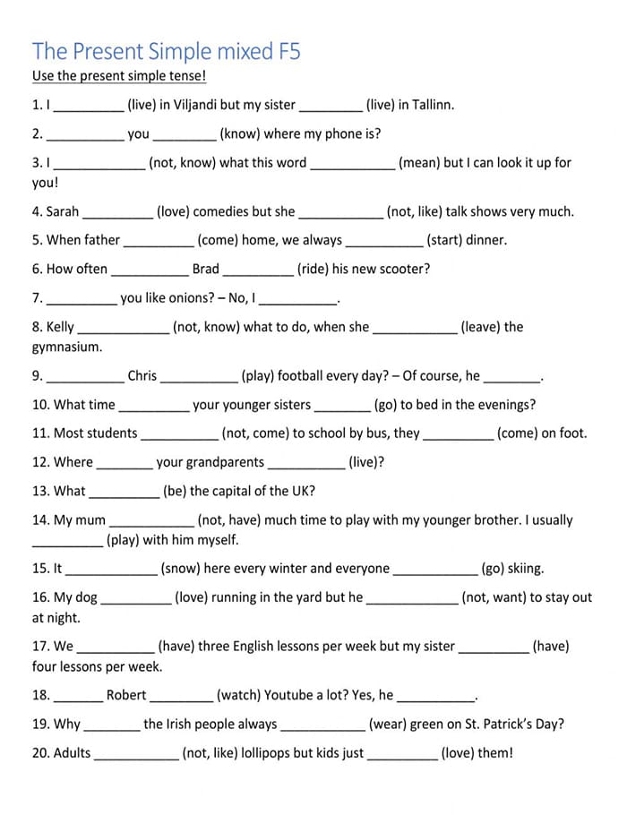 Printable Simple Present Tense Mixed Exercises Worksheets