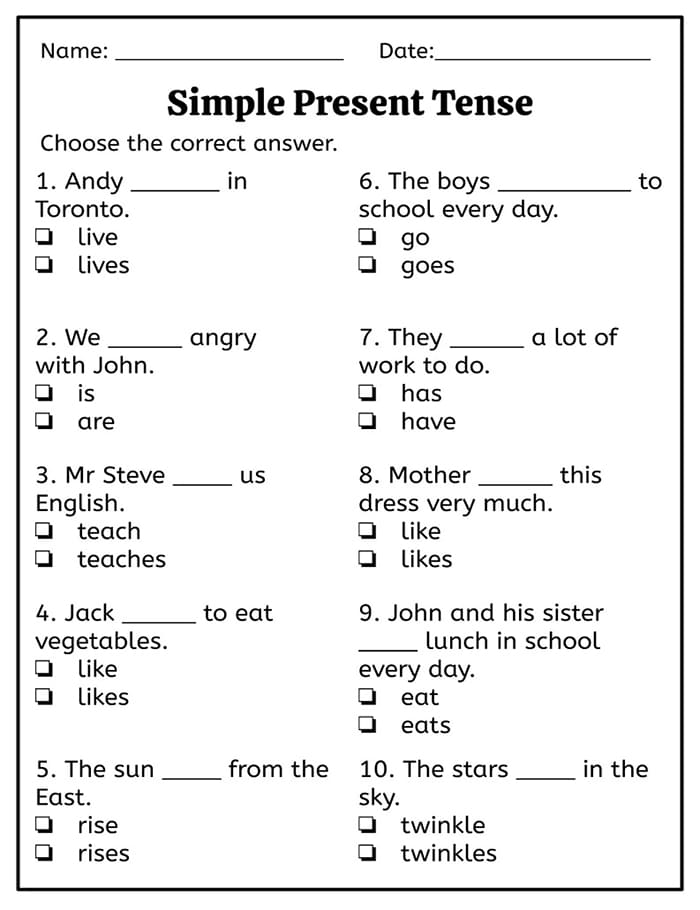 Printable Worksheets For Simple Present Tense