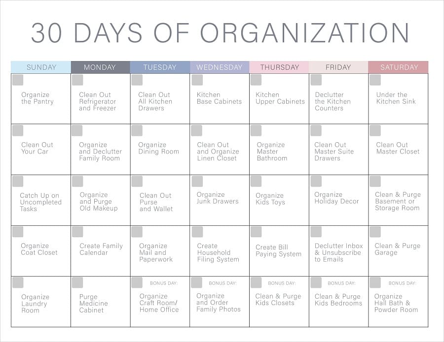 Printable 30 Days Of Organization Cleaning Schedule