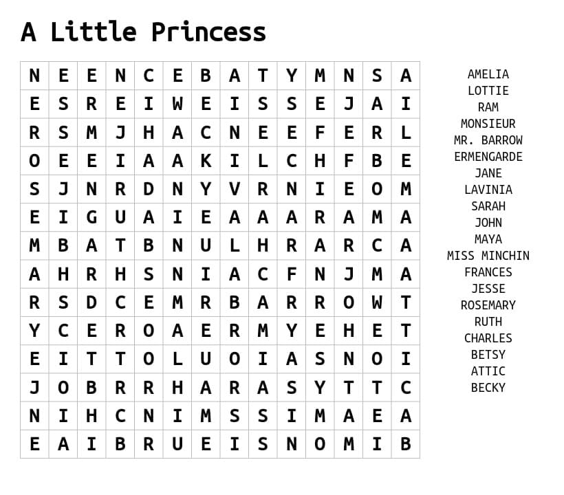 Printable A Little Princess Word Search