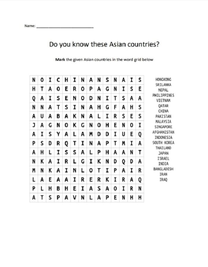 Printable Asian Countries Word Search