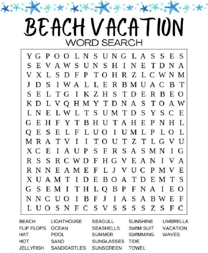 Printable Beach Vacation Word Search