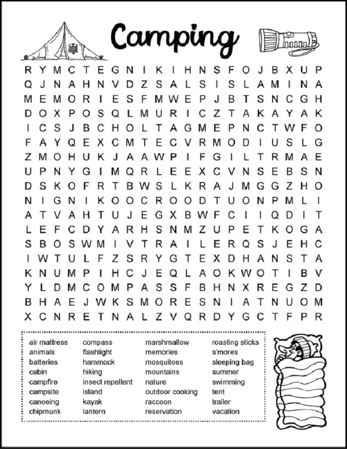 Printable Camping Vacation Word Search