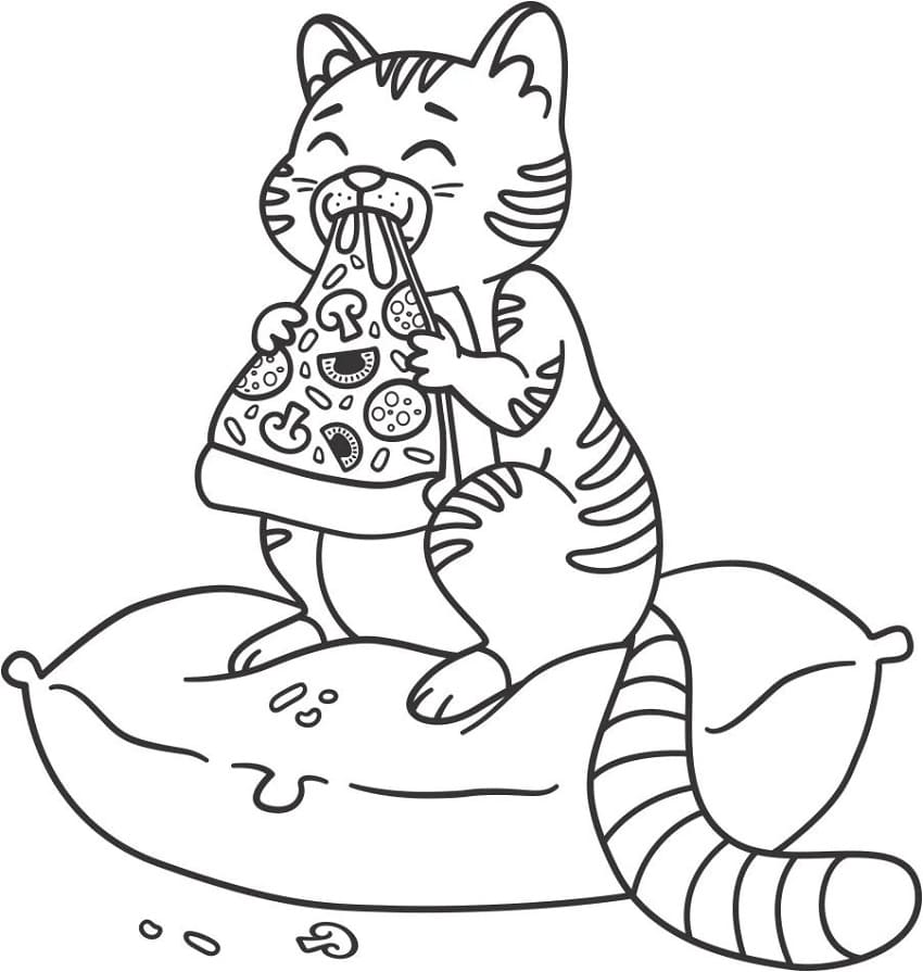Printable Cat Eating Pizza Coloring Page
