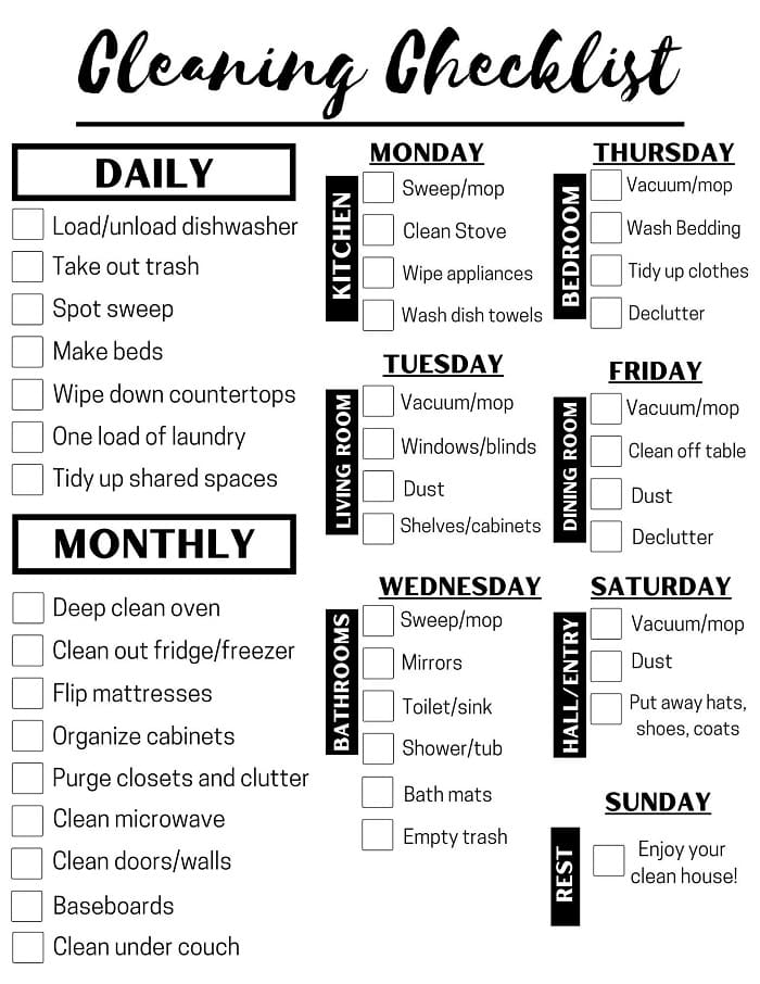 Printable Cleaning Schedule Checklist