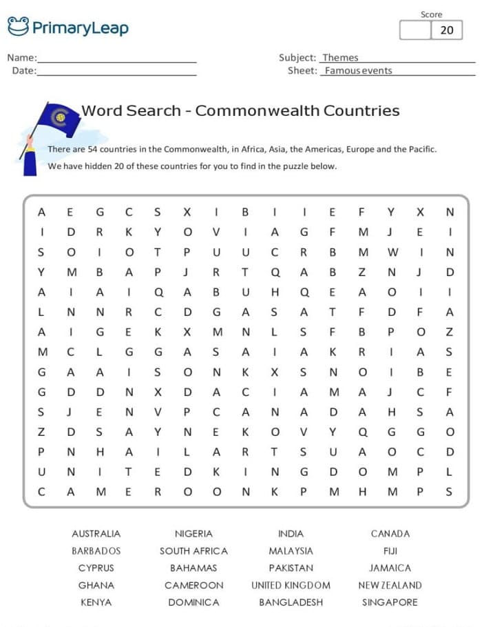 Printable Commonwealth Countries Word Search