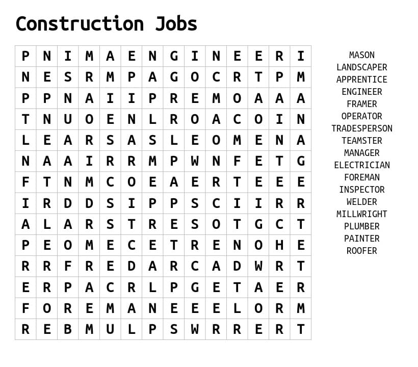 Printable Construction Jobs Word Search