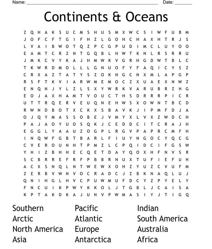 Printable Continents and Oceans Word Search