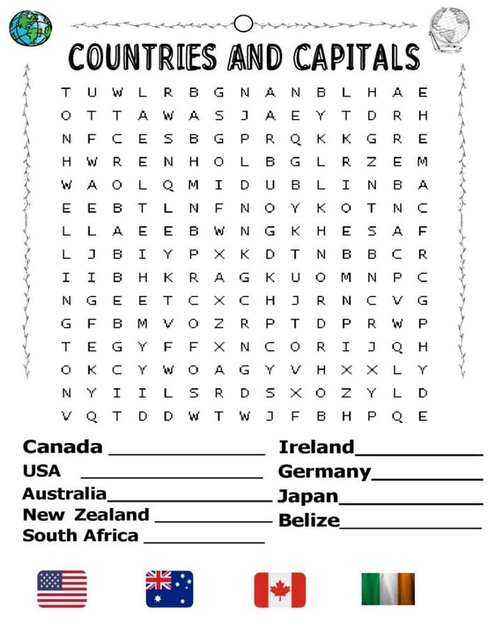 Printable Countries And Capitals Word Search