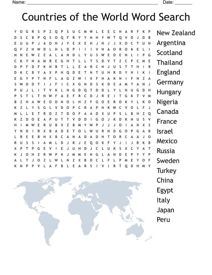 Printable Countries Of The World Word Search
