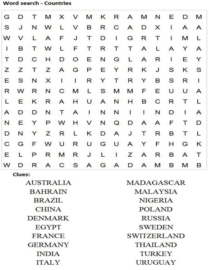 Printable Countries Word Search For Kids