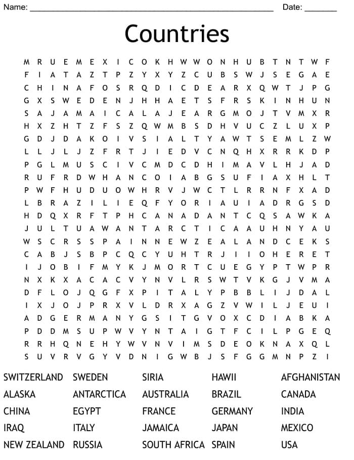 Printable Countries Word Search