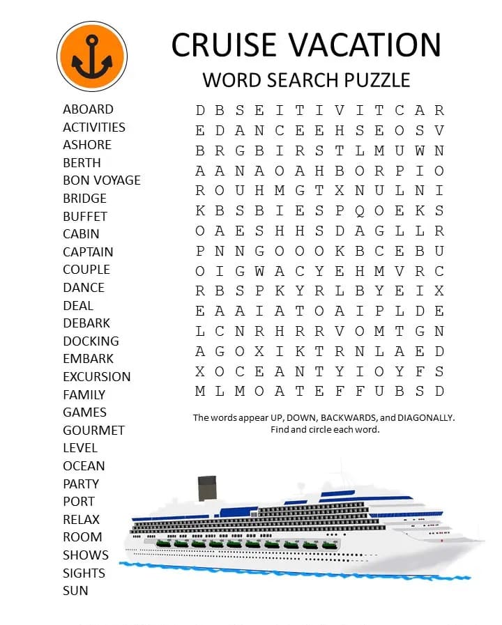 Printable Cruise Vacation Word Search