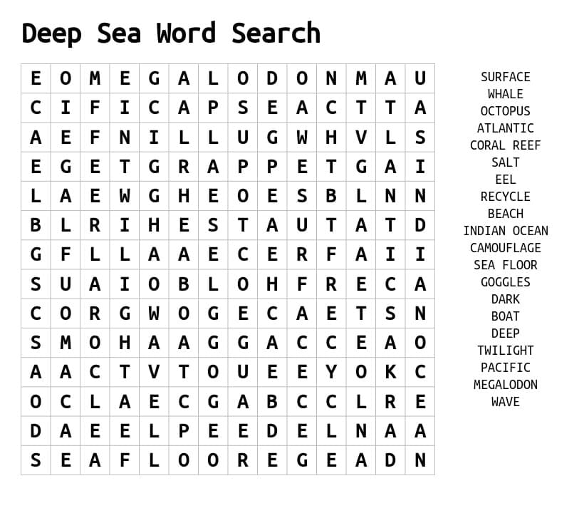 Printable Deep Ocean Word Search