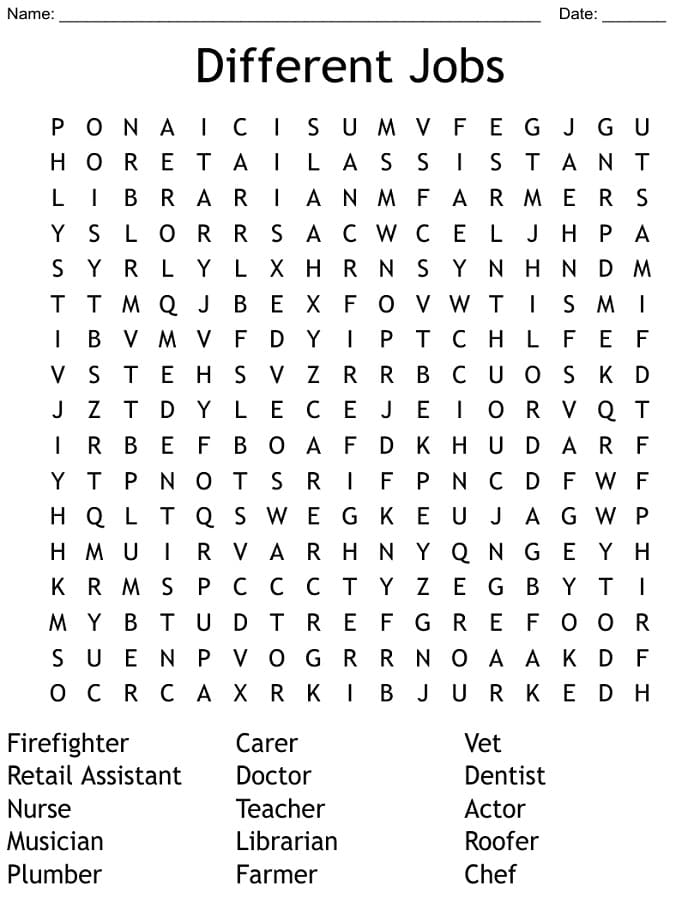 Printable Different Jobs Word Search