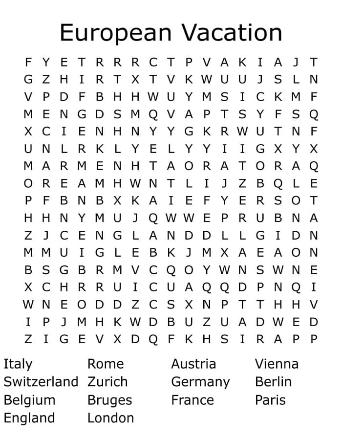 Printable European Vacation Word Search