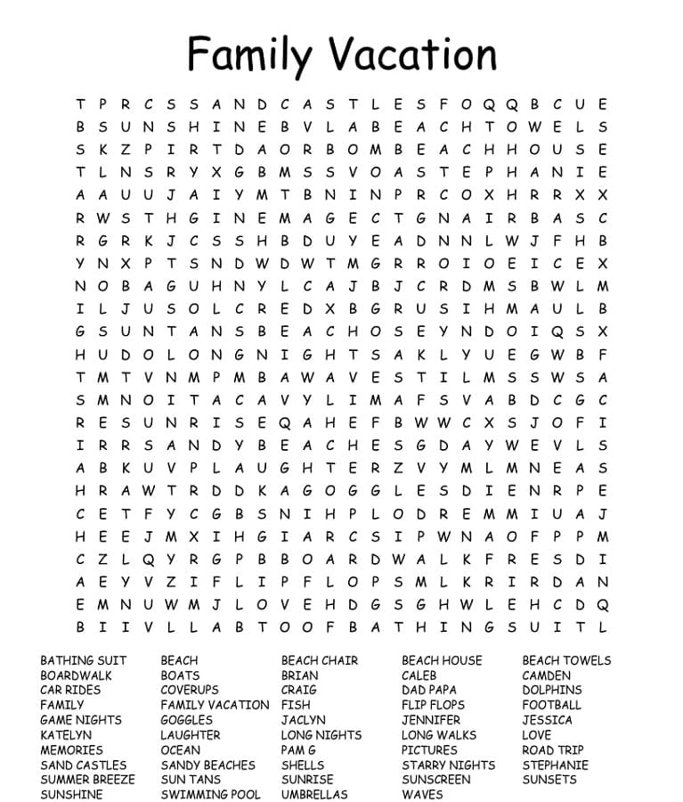 Printable Family Vacation Word Search