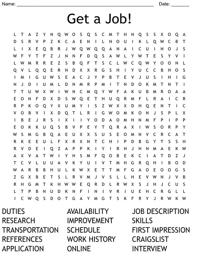 Printable Get A Job Word Search