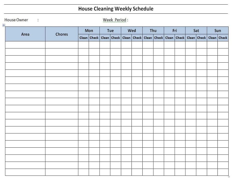 Printable House Cleaning Schedule Template Word