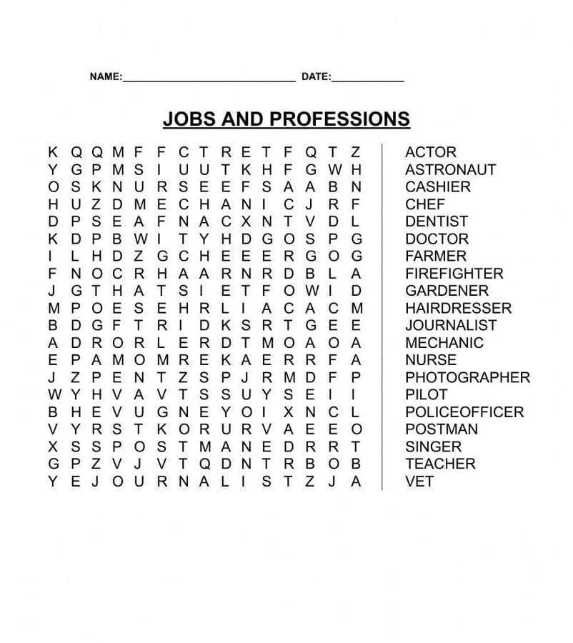 Printable Jobs And Professions Word Search