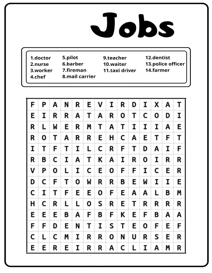 Printable Jobs Simple Word Search