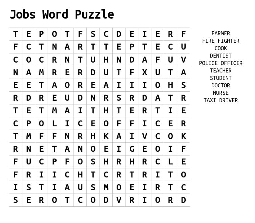 Printable Jobs Word Search Puzzle