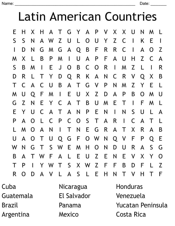 Printable Latin American Countries Word Search