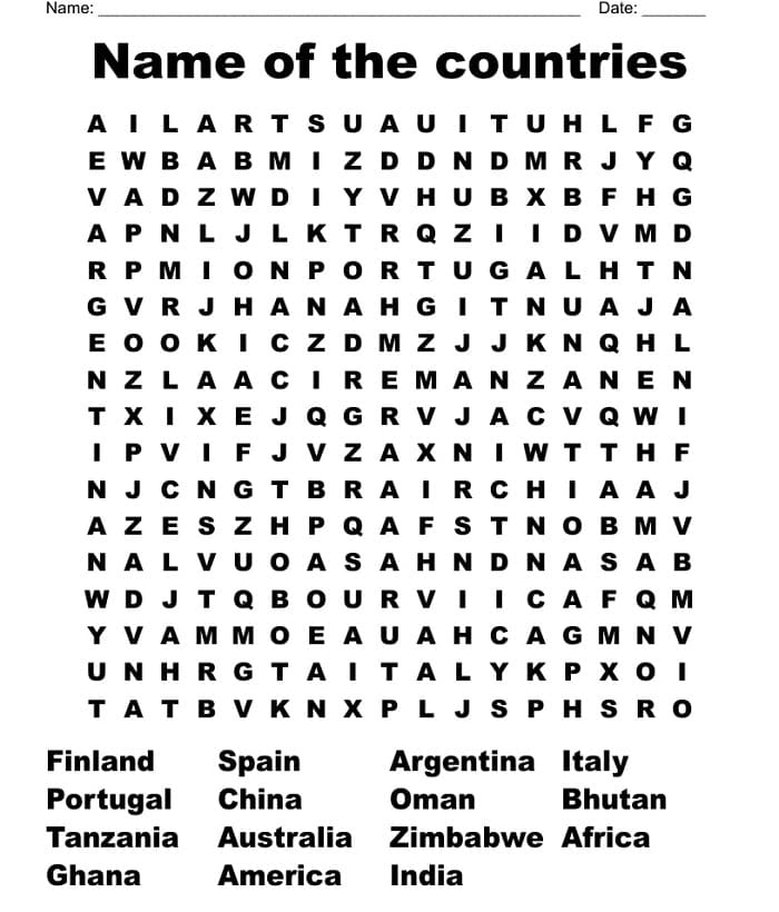 Printable Name Of The Countries Word Search