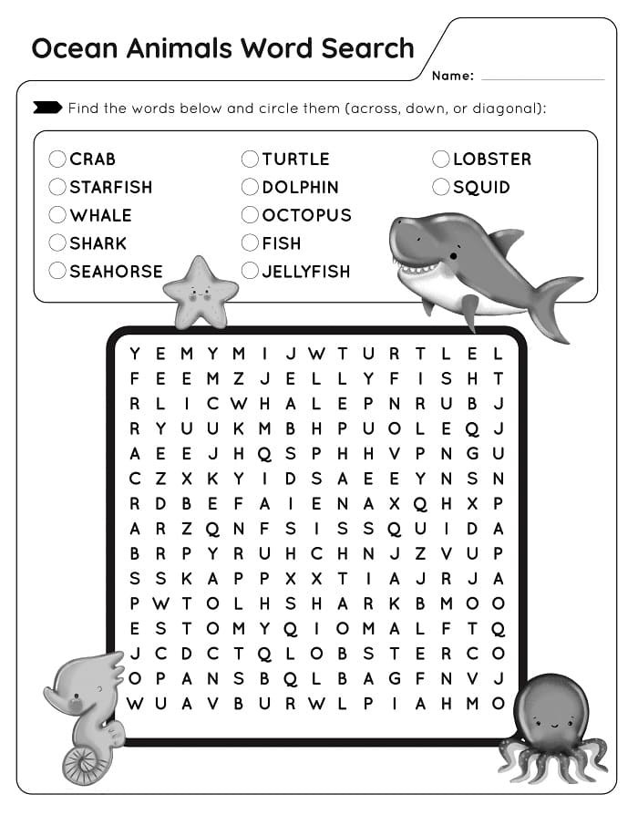 Printable Ocean Animals Word Search For Kids