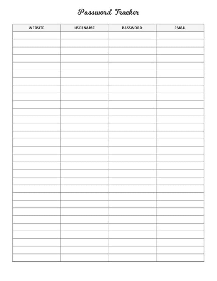 Printable Password Tracker Manager