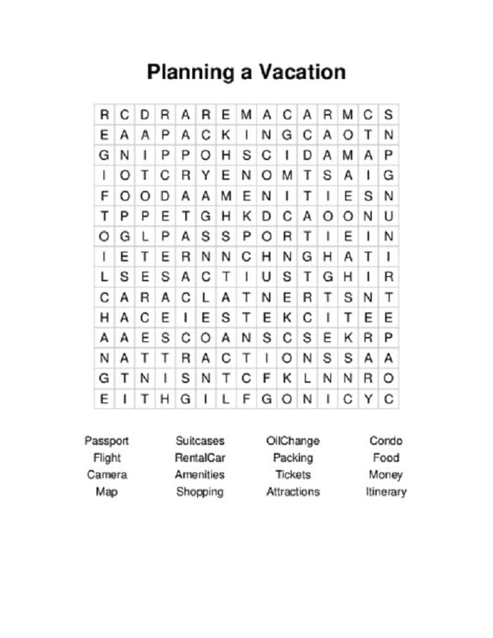 Printable Plan Vacation Word Search