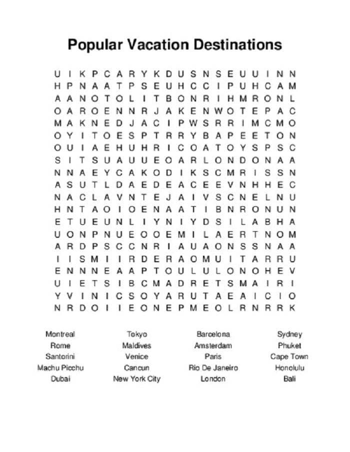 Printable Popular Vacation Destinations Word Search