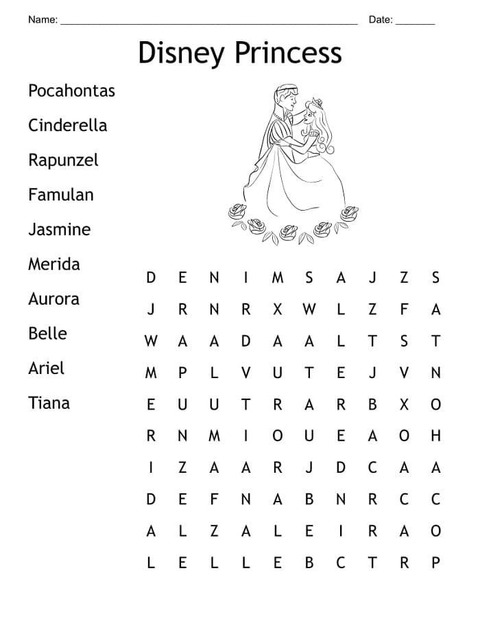 Printable Princess Word Search Simple