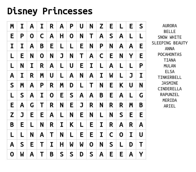 Printable Princess Word Search