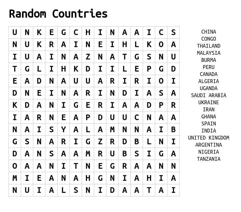 Printable Random Countries Word Search