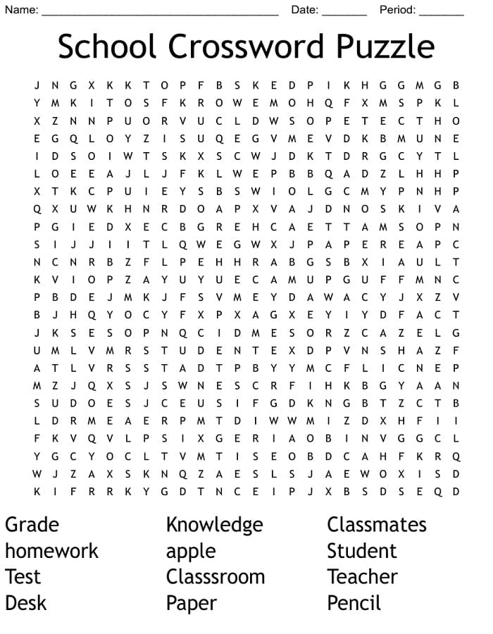 Printable School Crossword Puzzle Word Search