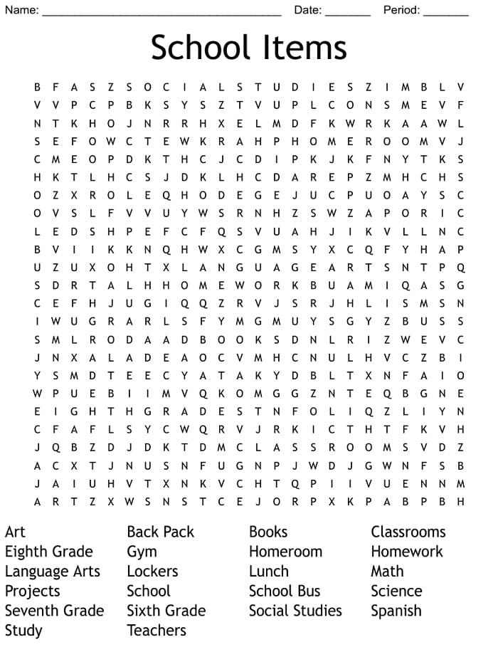 Printable School Items Word Search