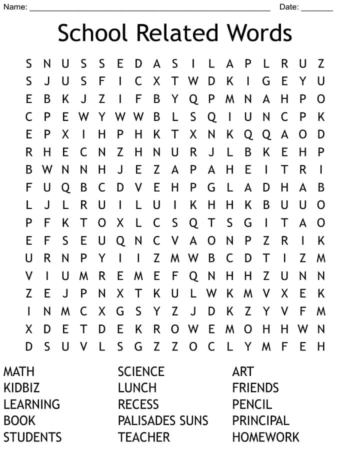 Printable School Related Words Search