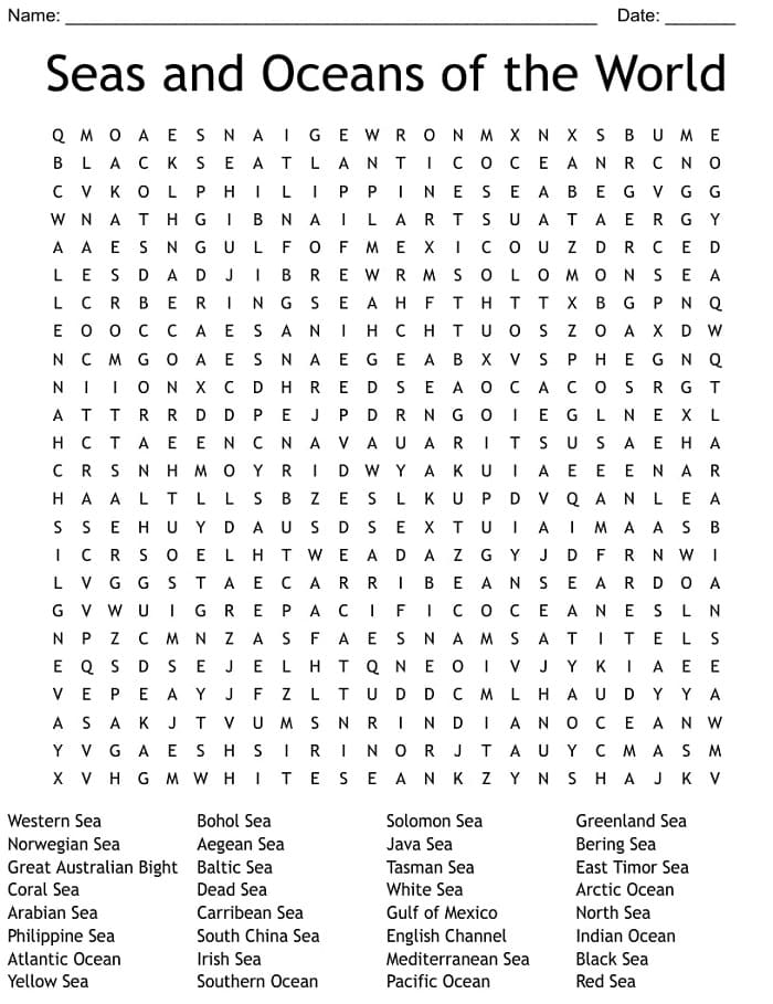 Printable Seas And Oceans Word Search